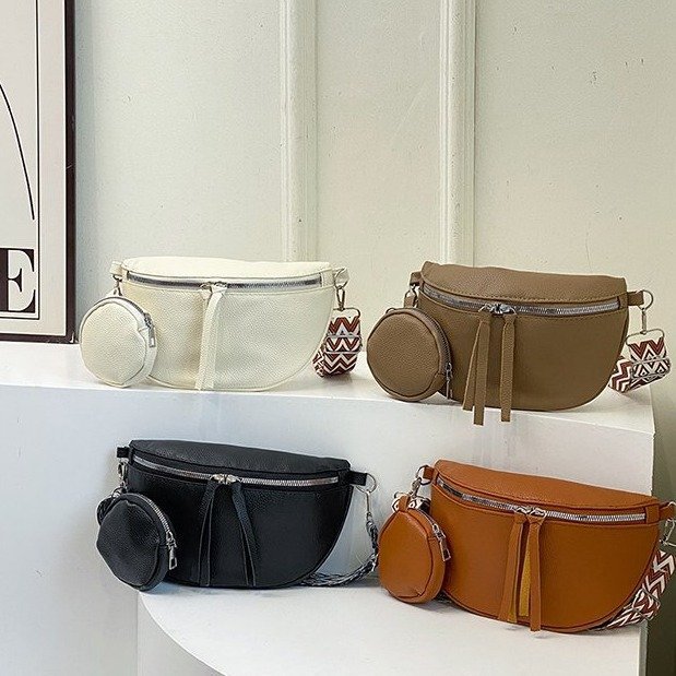 Casual Solid Color General Bag 2024 Spring Simple Western Style Street Photograph Fashion Crossbody Chest Bag Travel Waist Bag Two-Piece Set