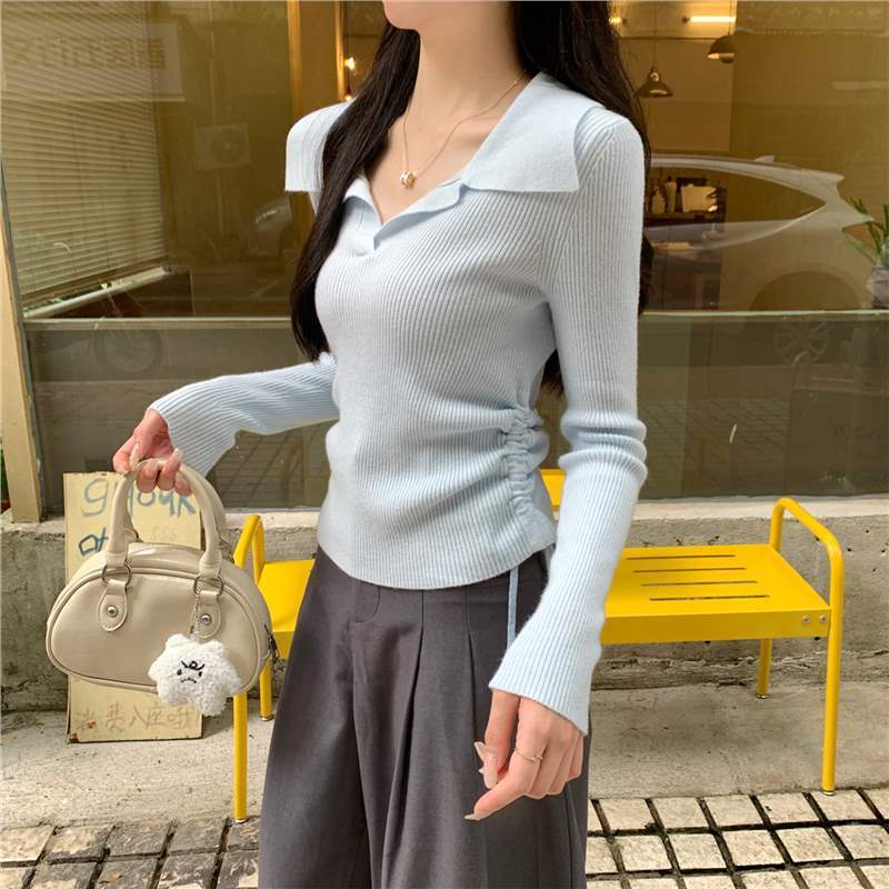 现货实拍春秋韩版新款设计感抽绳收腰polo领长袖内搭针织衫女上衣|undefined