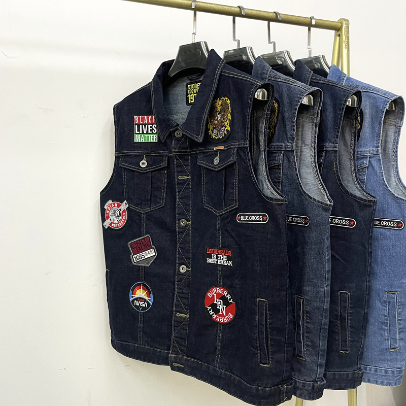 Plus Size Men's Denim Vest for Big Guys, Extra Large Elastic Sleeveless Top with Embroidery, Biker Vest Jacket