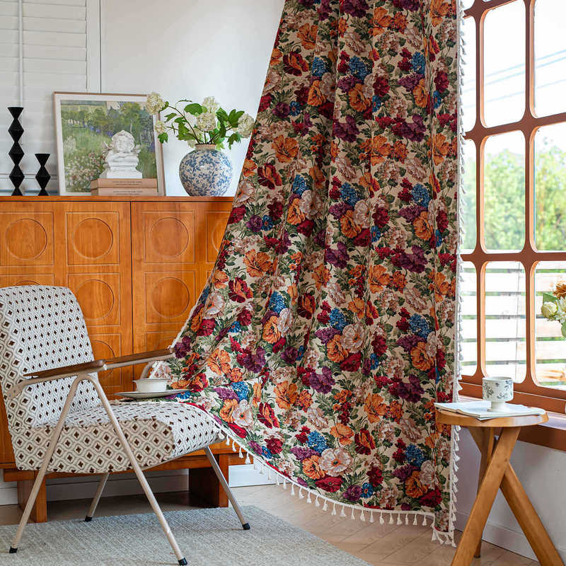 Feiyang Thickened Small Floral Cotton and Linen Semi-Blackout Ready-Made Curtains for Bedroom Bay Windows, High-End American Country Style Window Drapes