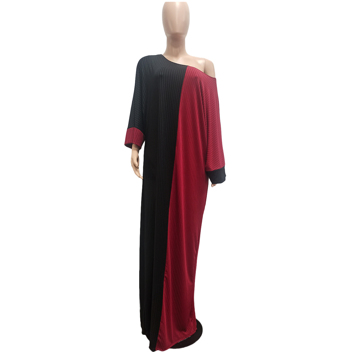Sexy Loose Stitching Contrast Color Sloping Shoulder Dress