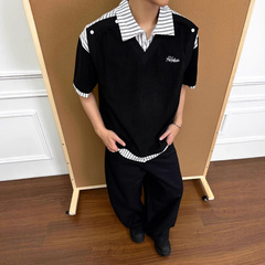 2025夏の偽の2つのステッチデザイン感刺繍300g重ポンドpolo襟tシャツゆるい上着半袖潮