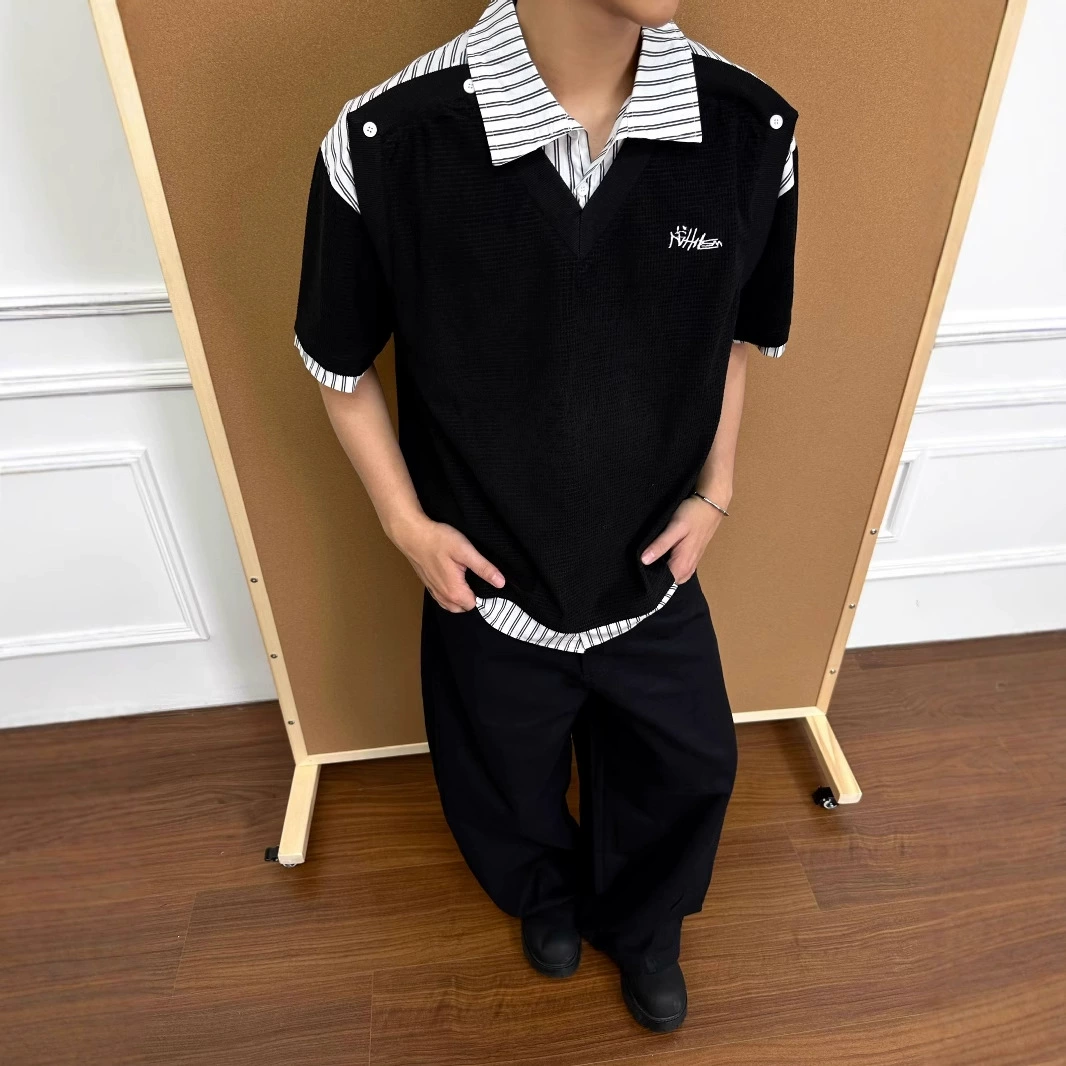 2025 Летние поддельные две части сшивания дизайн чувство вышивки 300g тяжелый поло воротник футболка рыхлый топ с короткими рукавами