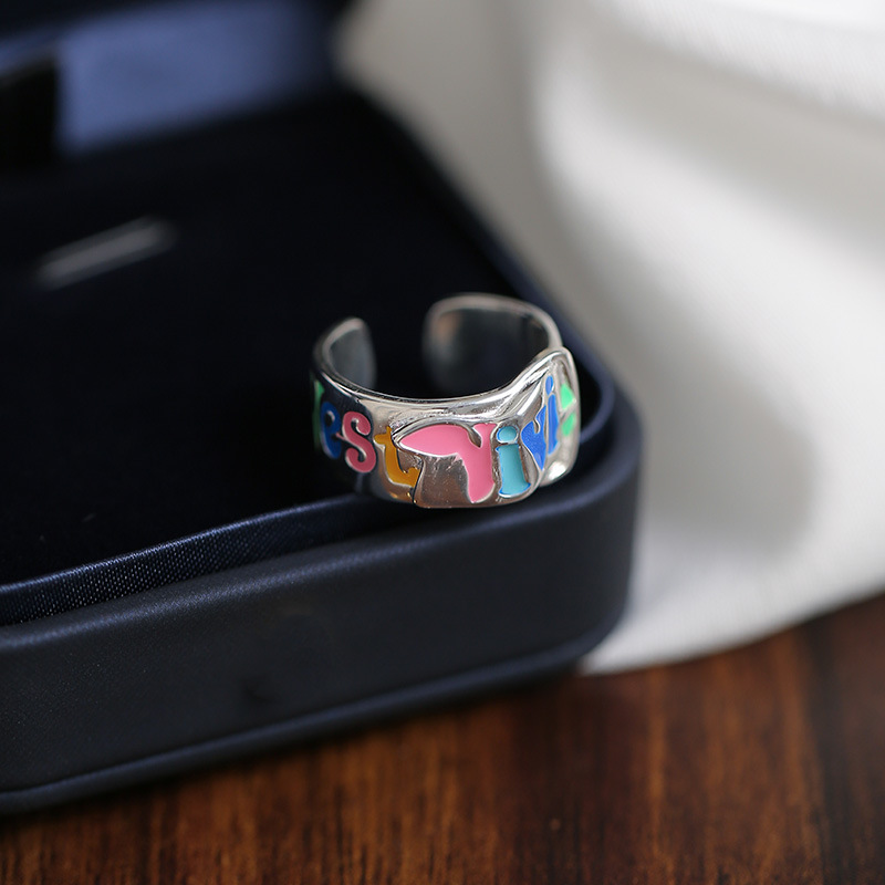 S Sterl Silver Enamel Graffiti Colorful English Letter for Women in South Korea, Unique Design with Belt Buckle and_voghion.com