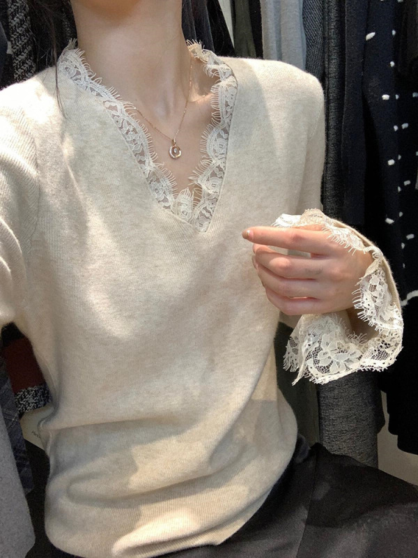 绝美法式气质蕾丝v领打底衫女秋冬喇叭袖上衣高级感针织毛衣内搭|undefined