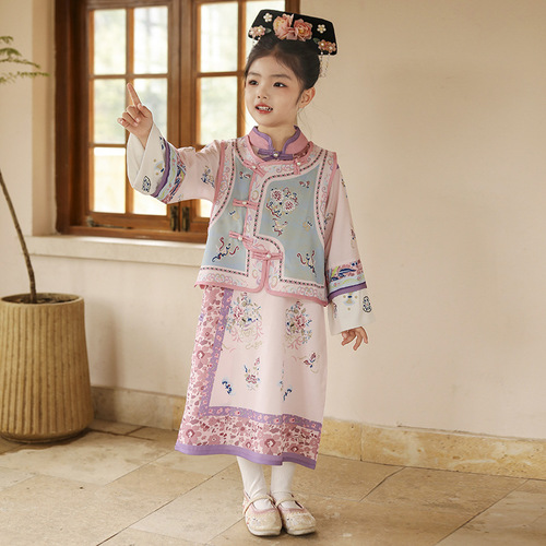 Hanfu Girl Spring Baby Chinese Style Cheongsam Set 2024 Ancient Costume Children Tang suit vest Gege dress wholesale