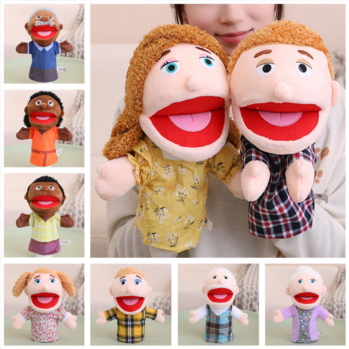 Family Hand Puppet Plush Toy Mouth Opening Character Hand Puppet Parent-Child Game Role Play Children's Gift Wholesale