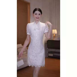 6910优雅风白色蕾丝连衣裙女短袖蝴蝶结显瘦高级感气质裙修身型