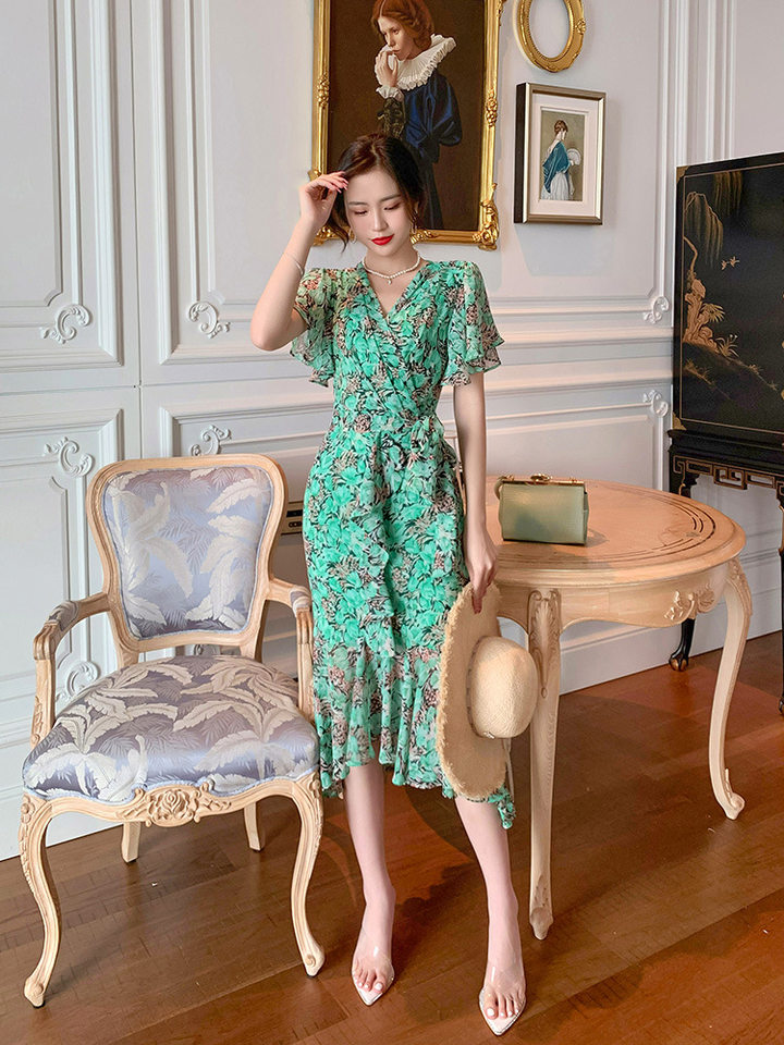 Váy maxi đuôi cá voan xếp tầng kiểu Pháp tay bồng che khuyết điểm — Màu xanh lá chi tiết 9