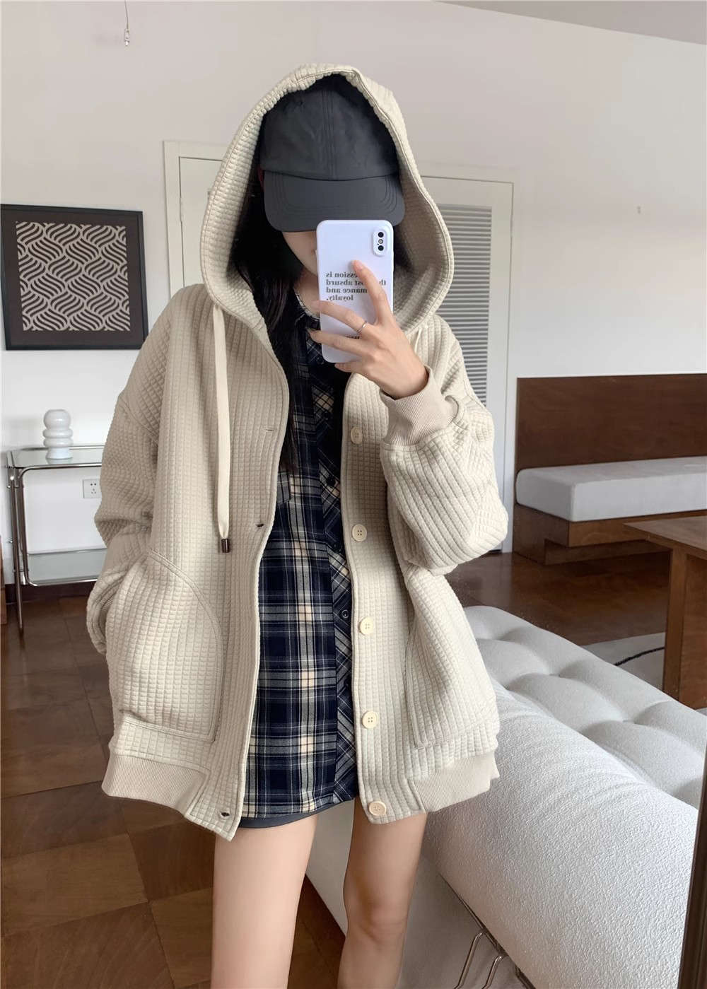 Loose lazy style hooded cardigan waffle sweater women's autumn niche long sleeve outer wear mid-length coat top