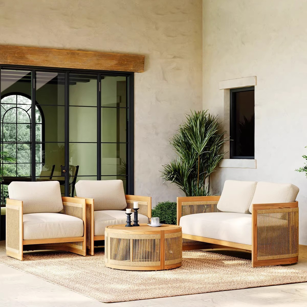 Sofá de teca al aire libre patio villa jardín hotel residencial al aire libre ocio caña combinación de muebles impermeables y protectores solares