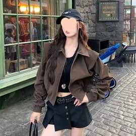 深棕色短款垫肩翻领夹克外套女春秋港风复古美拉德穿搭慵懒棒球服