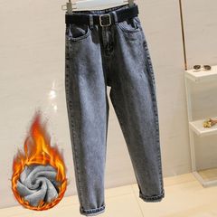 烟灰色牛仔裤女秋冬新款加绒宽松韩版显瘦高腰哈伦老爹九分萝卜裤