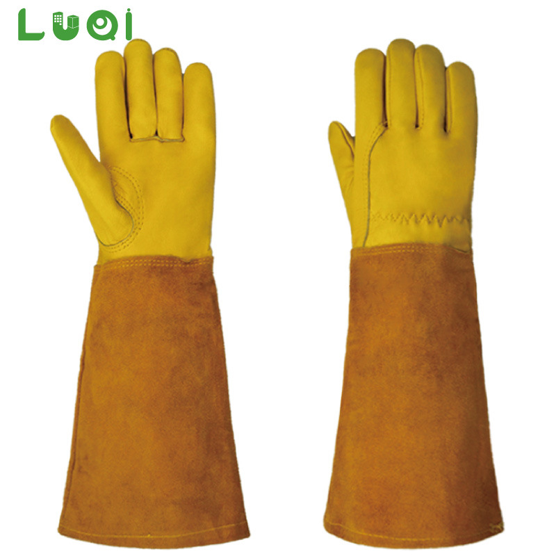 绿骑长款真皮手套花园园艺电焊氩弧焊防刺耐磨隔热亚马逊跨境牛皮