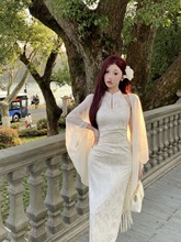新中式套装连衣裙女春夏季清冷感复古改良旗袍白色长裙蝙蝠袖开衫