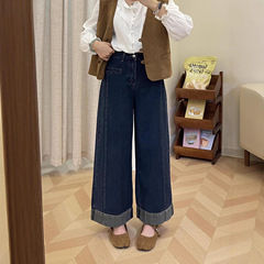 深蓝色拼接阔腿牛仔裤女秋季新款大码高腰宽松显瘦垂感九分直筒裤