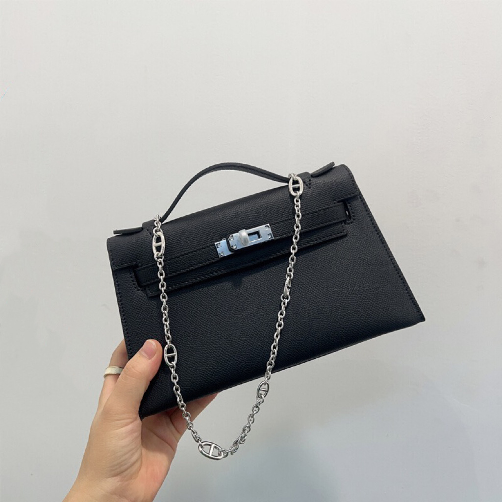 2023新款真皮銀扣手掌紋一代凱莉包時尚百搭單肩斜挎手拎鏈條女包