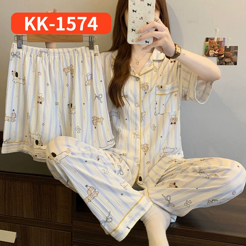 Пижама 3‑предметный набор (милый), короткий рукав, принт бантик, размеры M–2XL