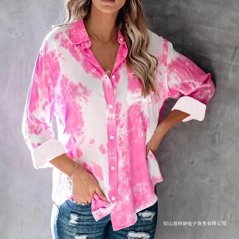 Cross-border European and American New Autumn Women's Fashion Gradual Color Printing Women's Shirt Loose Long Sleeve Tie-dyed Shirt for Women