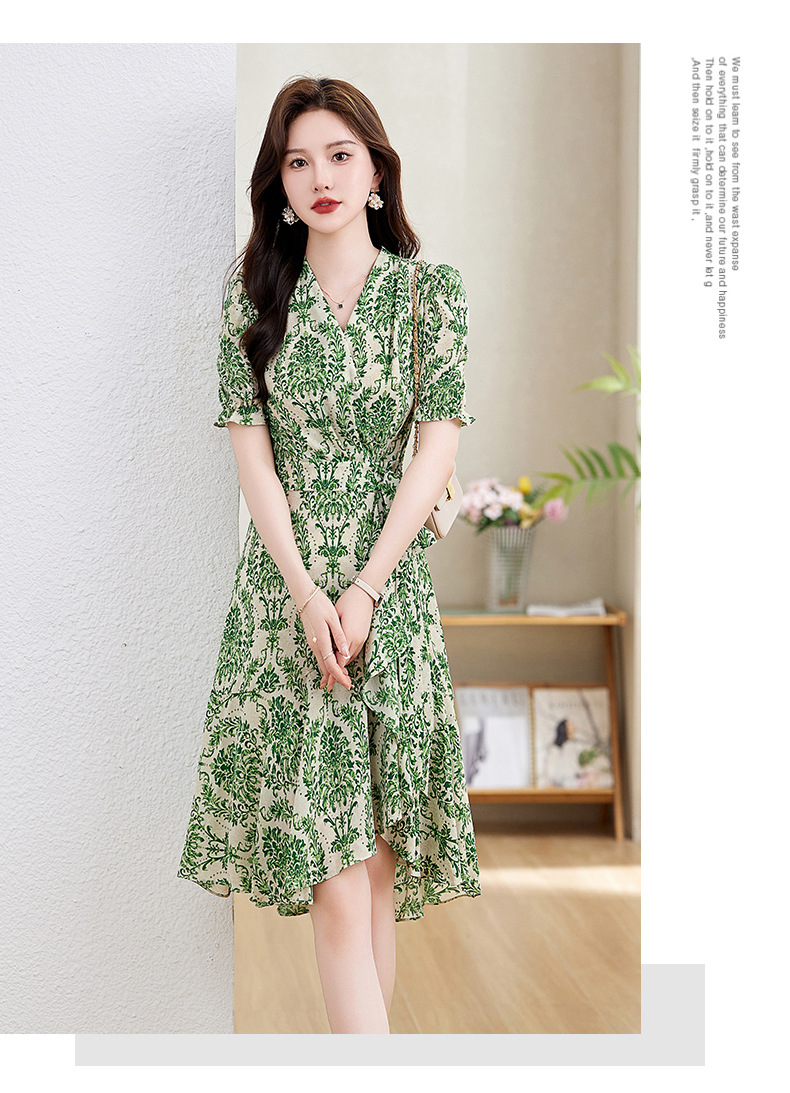 Váy maxi nữ cổ chữ V thắt eo họa tiết hoa nhí mùa hè — Màu xanh lá, Màu đỏ chi tiết 23