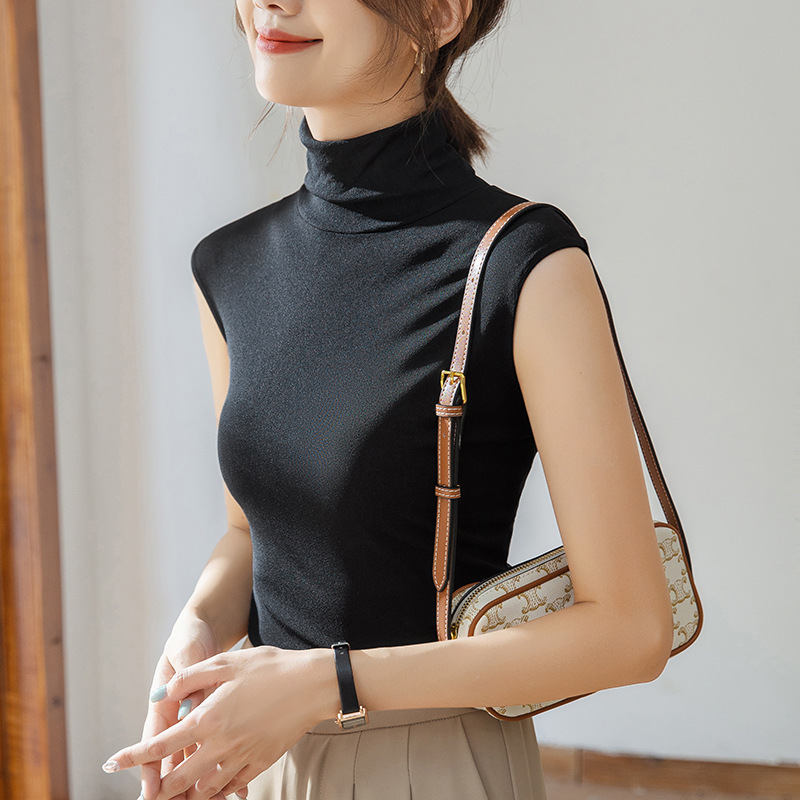 High Collar Mesh Sleeveless Vest Base-Layer Shirt Women's Slim-Fit Slimming Fall/Winter All-Match Stylish Piled Collar Top