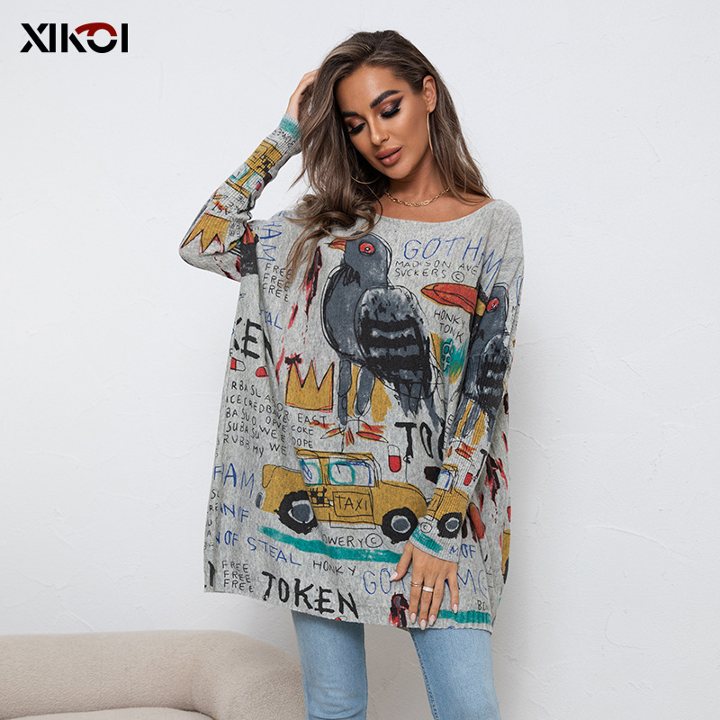 2025 New European and American Large Size Cartoon Printed Sweater Long-Sleeved Women's Casual Pullover Loose Knitted Top Cross-Border