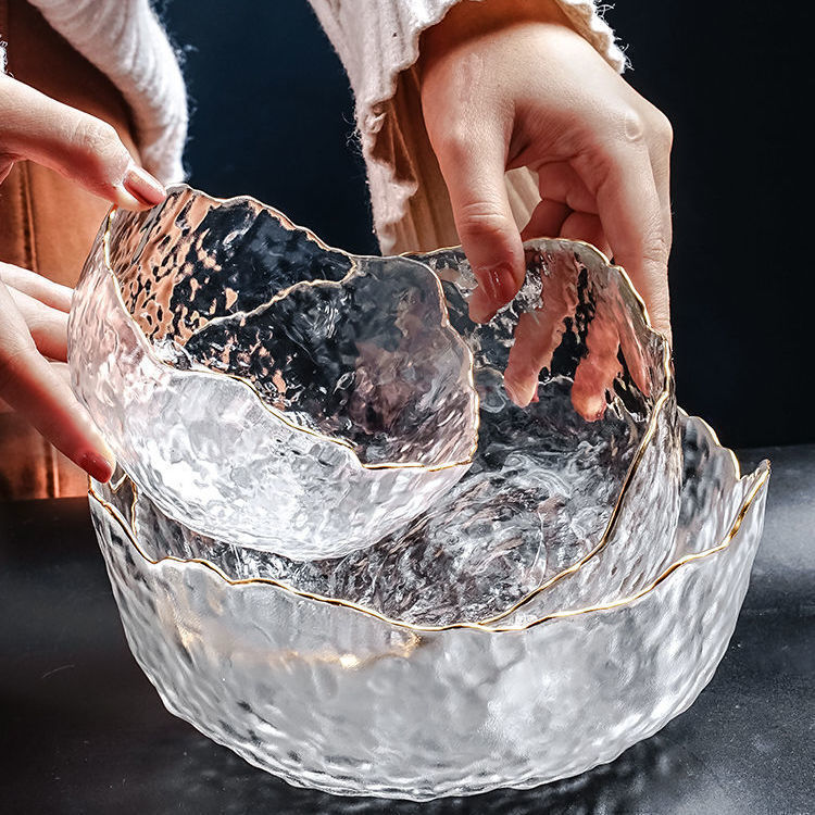 日式锤纹金边玻璃碗透明沙拉碗家用水果碗创意水果盘网红餐具套装详情9