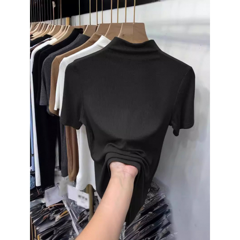 European-Style Half-High Collar Ribbed Versatile Short-Sleeve T-Shirt for Women 2024 Summer New Style Base Layer Top Fashion