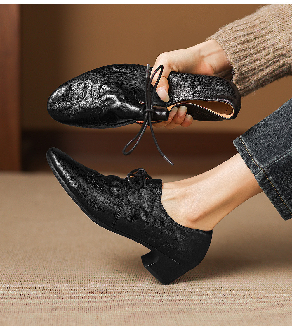 Giày loafer nữ da cừu buộc dây phong cách vintage, gót thấp vuông — màu nâu chi tiết 6