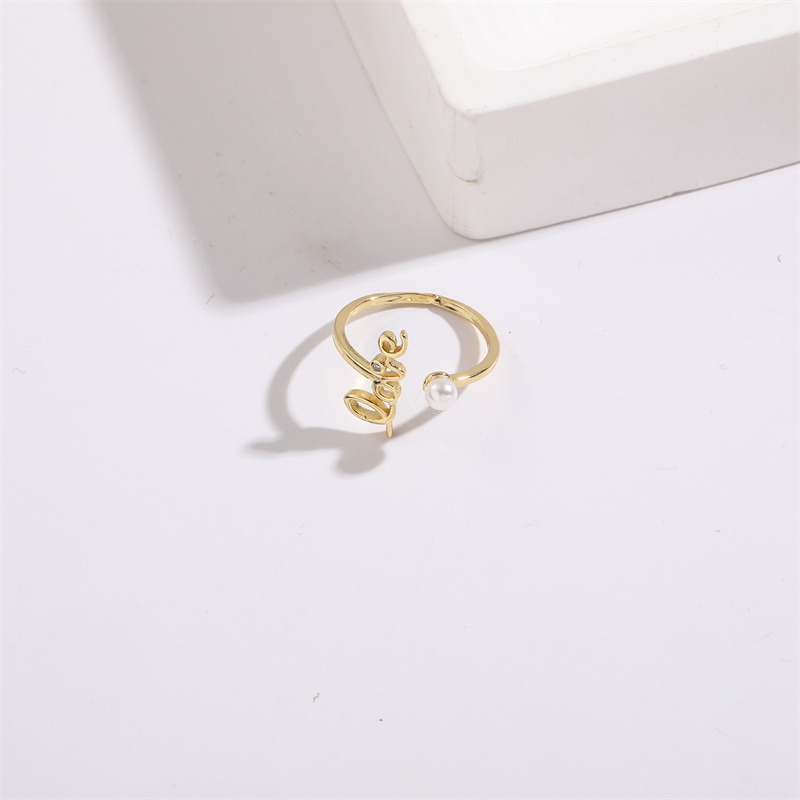 Simple Style Love Letter Copper Gold Plated Artificial Pearls Open Ring 1 Piece