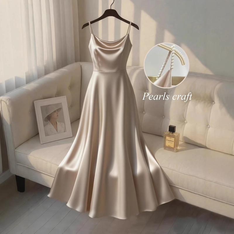 2026 Amazon Cross-Border New Style Beaded Waist-Cinching Satin Gilded Elegant Dress Princess Gown