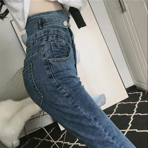 High-waisted jeans for women's spring new style, large size, fat, figure-flattering, elastic, tight-fitting pencil pants with small feet