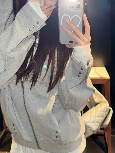 SUNONEON 设计感铆钉宽松连帽卫衣外套女早秋季新美式开衫衣|undefined