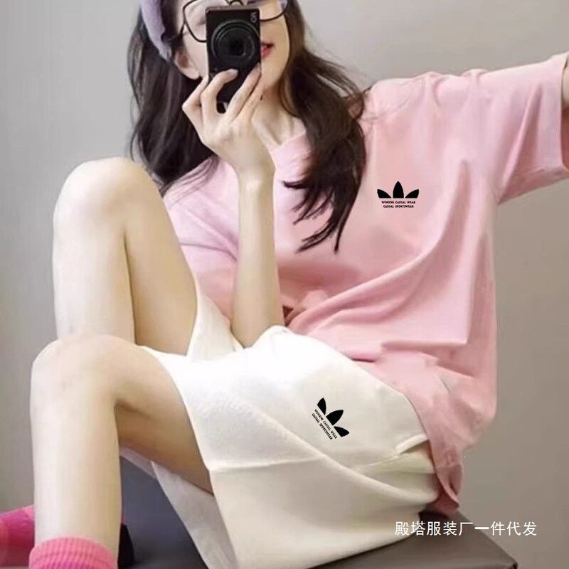 Sports Clover Pure Cotton Casual Suit for Women 2025 Summer New Fashion Comfortable Short-Sleeved Shorts Two-Piece Set Trendy