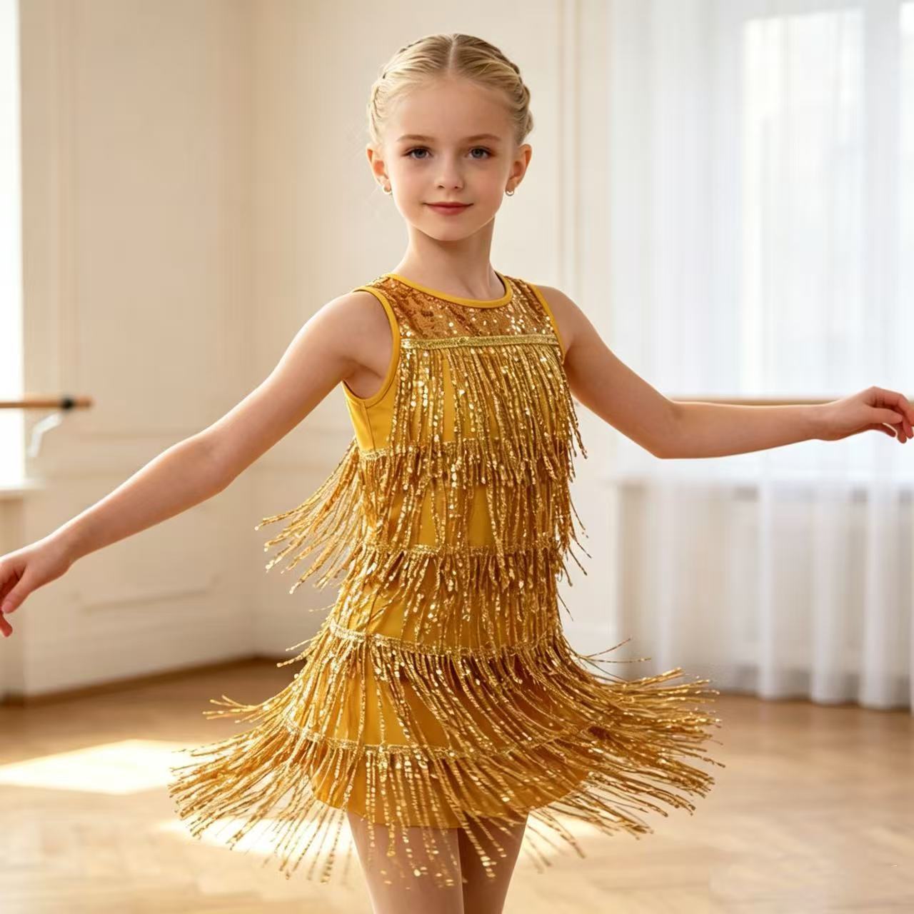 Children's performance costume, Latin dance skirt, girls' tassel skirt, sequined tassel dance skirt, festival-themed performance costume, competition skirt