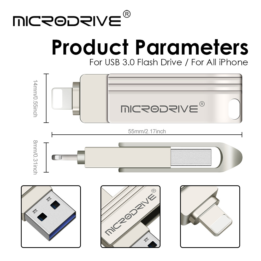 Venta al por mayor de memoria USB aplicable al metal multifuncional móvil de la impulsión del flash de Apple USB dos-en-uno 128G LOGOTIPO personalizable 256G