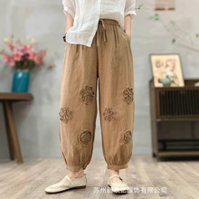 2025夏款新品复古个性休闲盘花麻裤裤松紧腰抽绳系带小脚裤