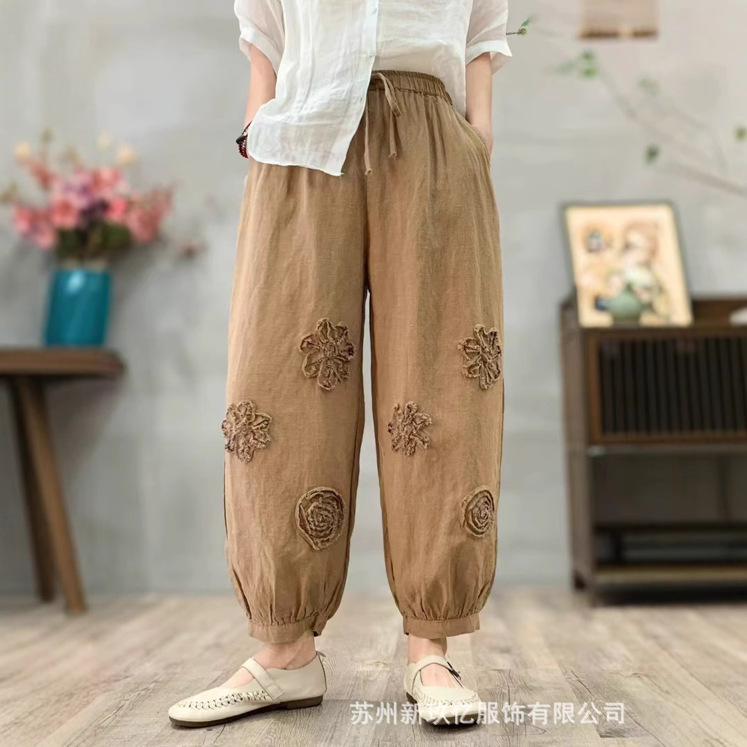 2025夏款新品复古个性休闲盘花麻裤裤松紧腰抽绳系带小脚裤