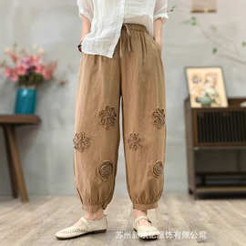 2025夏款新品复古个性休闲盘花麻裤裤松紧腰抽绳系带小脚裤
