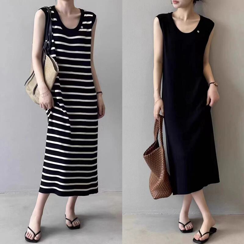 Fashion Korean Style Niche Sleeveless Striped Knitted dress Women's Summer Light Luxury High-end Round Neck Knitted Straight Skirt