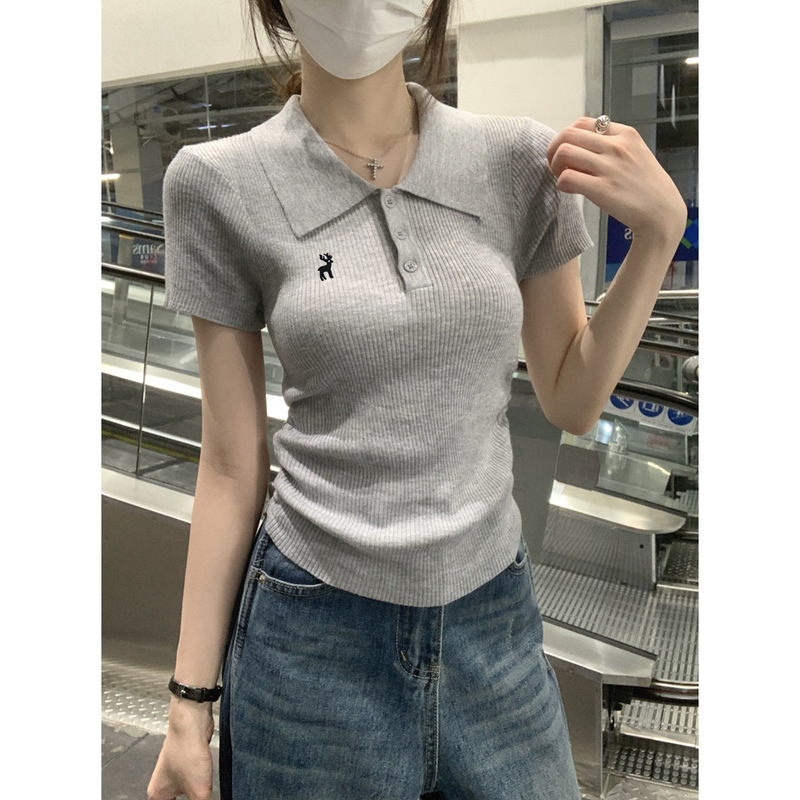 Summer Korean Style Polo Collar Button Embroidery Design 6 Wool High-End Knitwear Short Sleeves