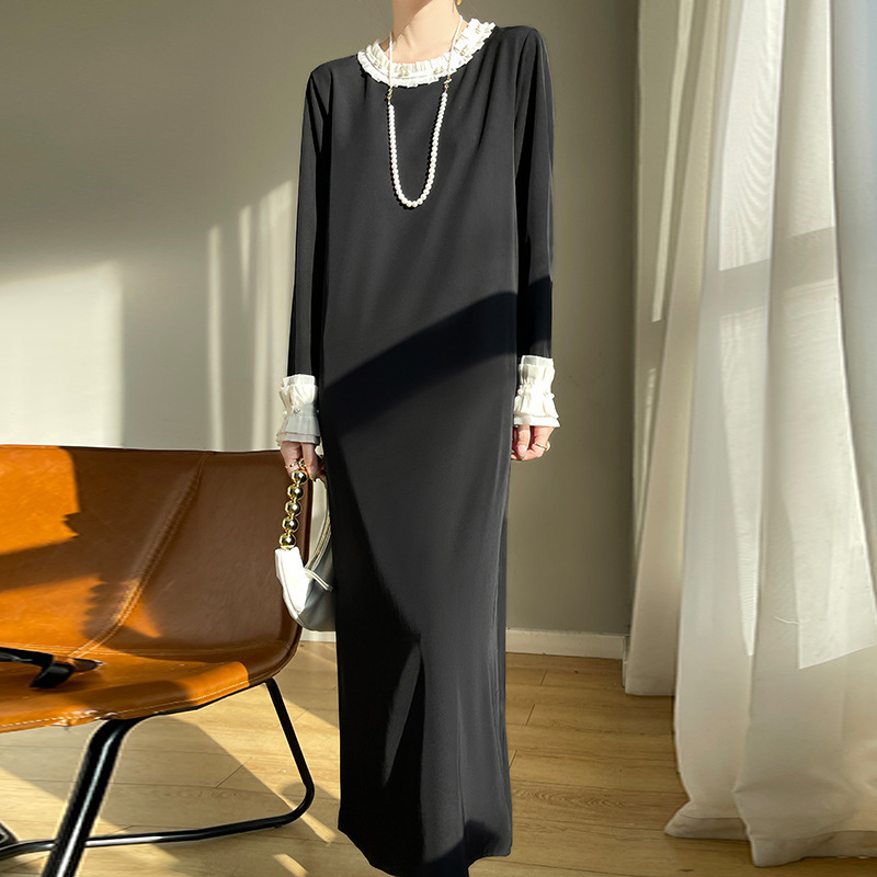 Silk Satin 2025 Spring and Summer New Women's Lace Crewneck Long dress Color-block Fashionable Elegant Slim-fit Long Dress Silk Satin 2025 Spring and Summer New Women's Lace Crewneck Long dress Color-block Fashionable Elegant Slim-fit Long Dress