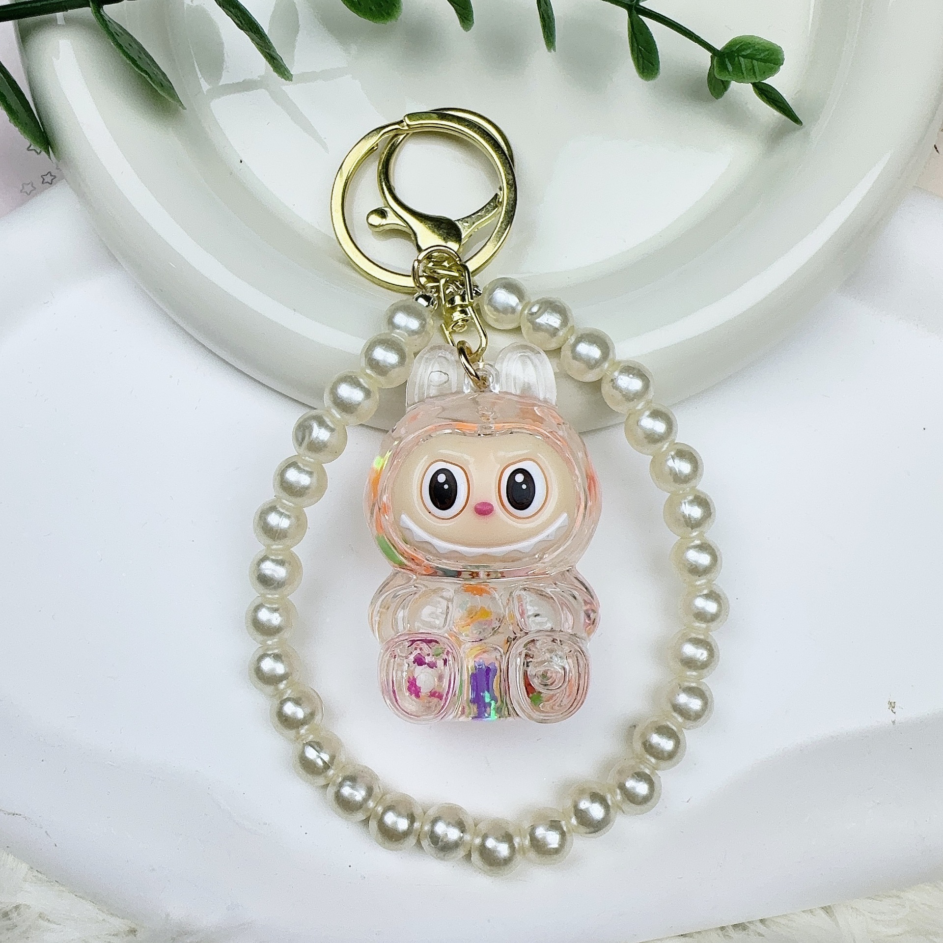 カラービーズ点滅発光ラブブクリエイティブキーホルダーオイル人形スクールバッグ流砂小さなペンダントギフト装飾品