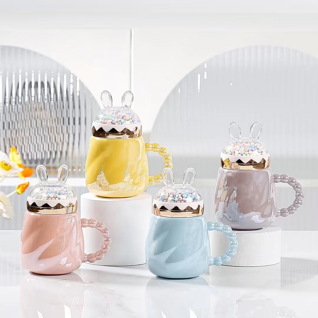 Estilo nórdico perla esmalte burbuja taza personalidad Orejas de conejo Internet celebridad chica corazón Oficina cerámica agua con mano regalo