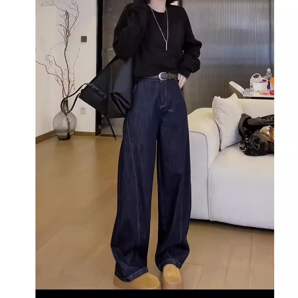 南岛风大码女装秋季宽松阔腿牛仔裤胖mm遮肚子遮胯宽拖地直筒裤子