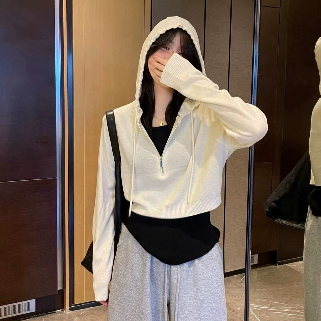 KANING трикотажный костюм с капюшоном женский 2024 осень новый длинный рукав короткий свитер