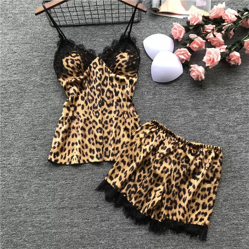 Nueva seda europea y americana negra estampada leopardo ropa de casa pijama set de moda encaje pijama set al por mayor