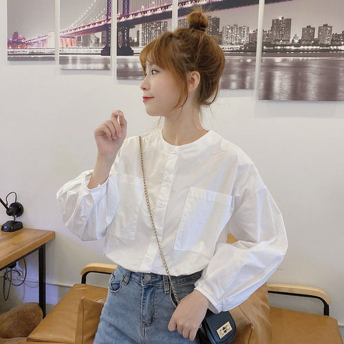 Spring Fresh Lantern Sleeve Loose Youthful Round Neck White Outer Long Sleeve Blouse Top Women's