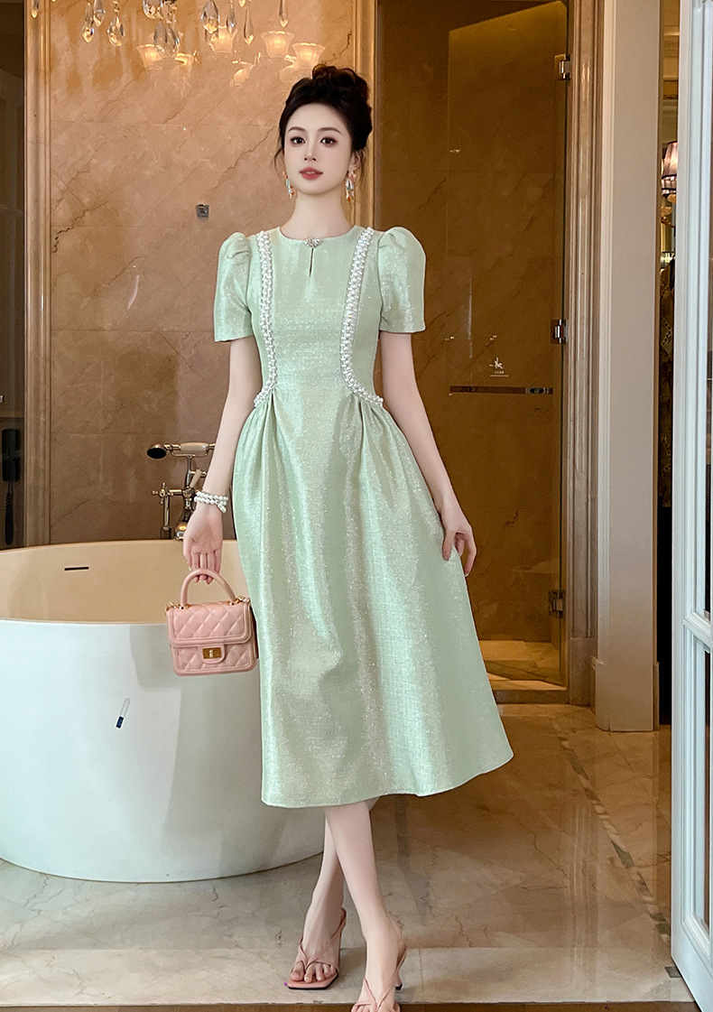 Đầm maxi nữ cổ tròn đính đá thắt eo xòe dáng dài — Xanh bạc hà chi tiết 4