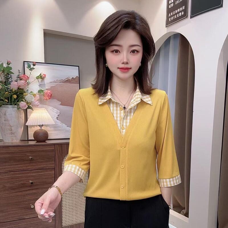 2025翻领减龄百搭春夏新款女装衬衫显瘦拼接格子领假两件女士上衣|undefined